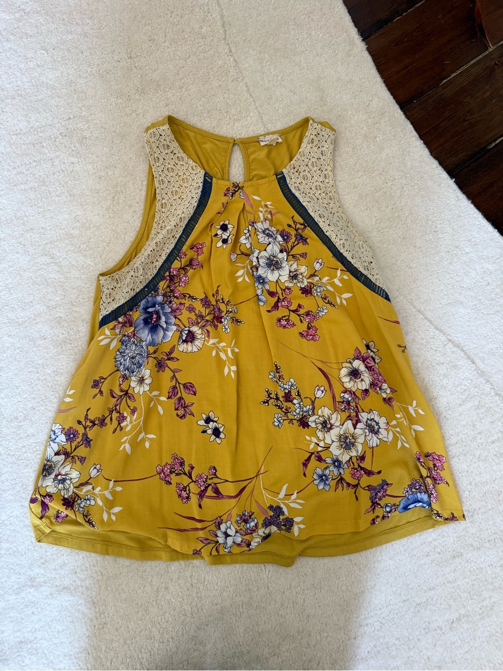 Floral Crochet-Yoke Tank Top in Mustard Yellow
